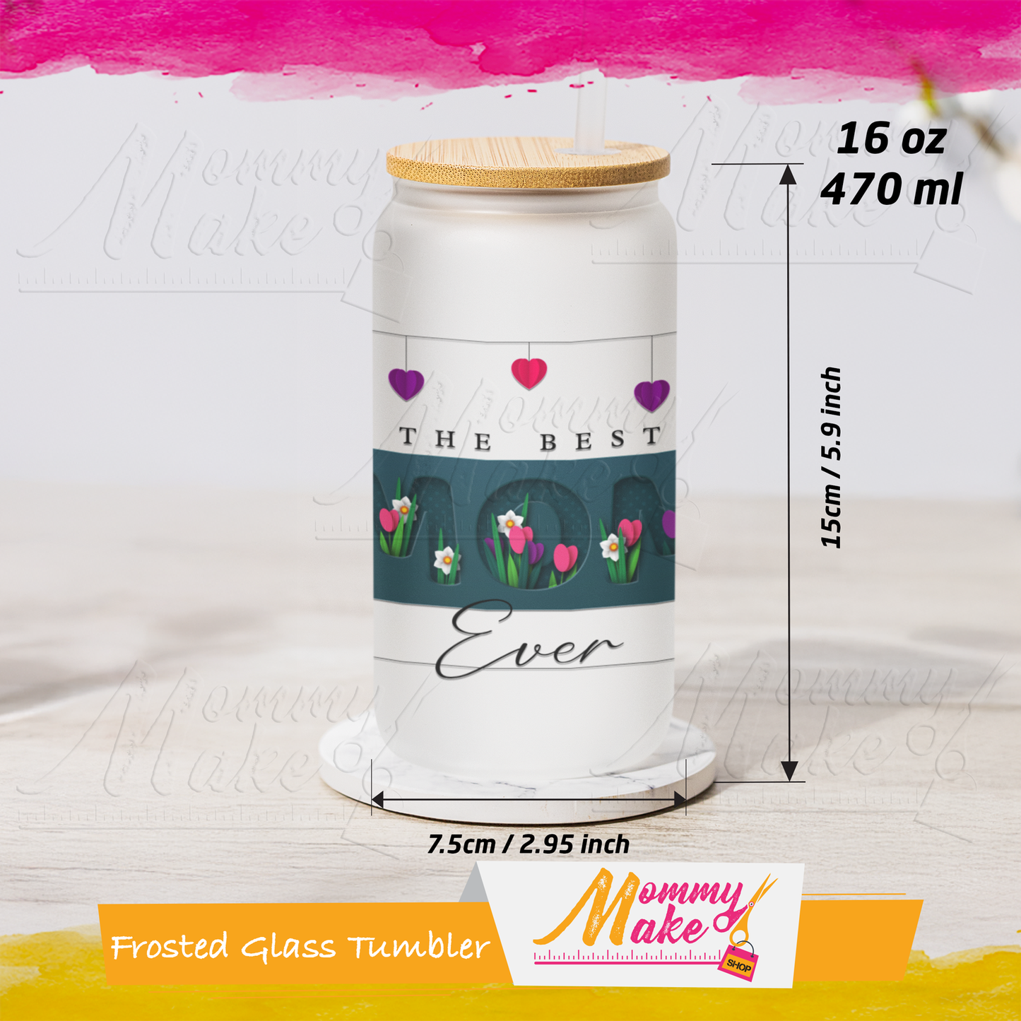 Frosted Glass Tumbler 16oz with Bamboo Lid and Straw – The Perfect Mother’s Day Surprise!